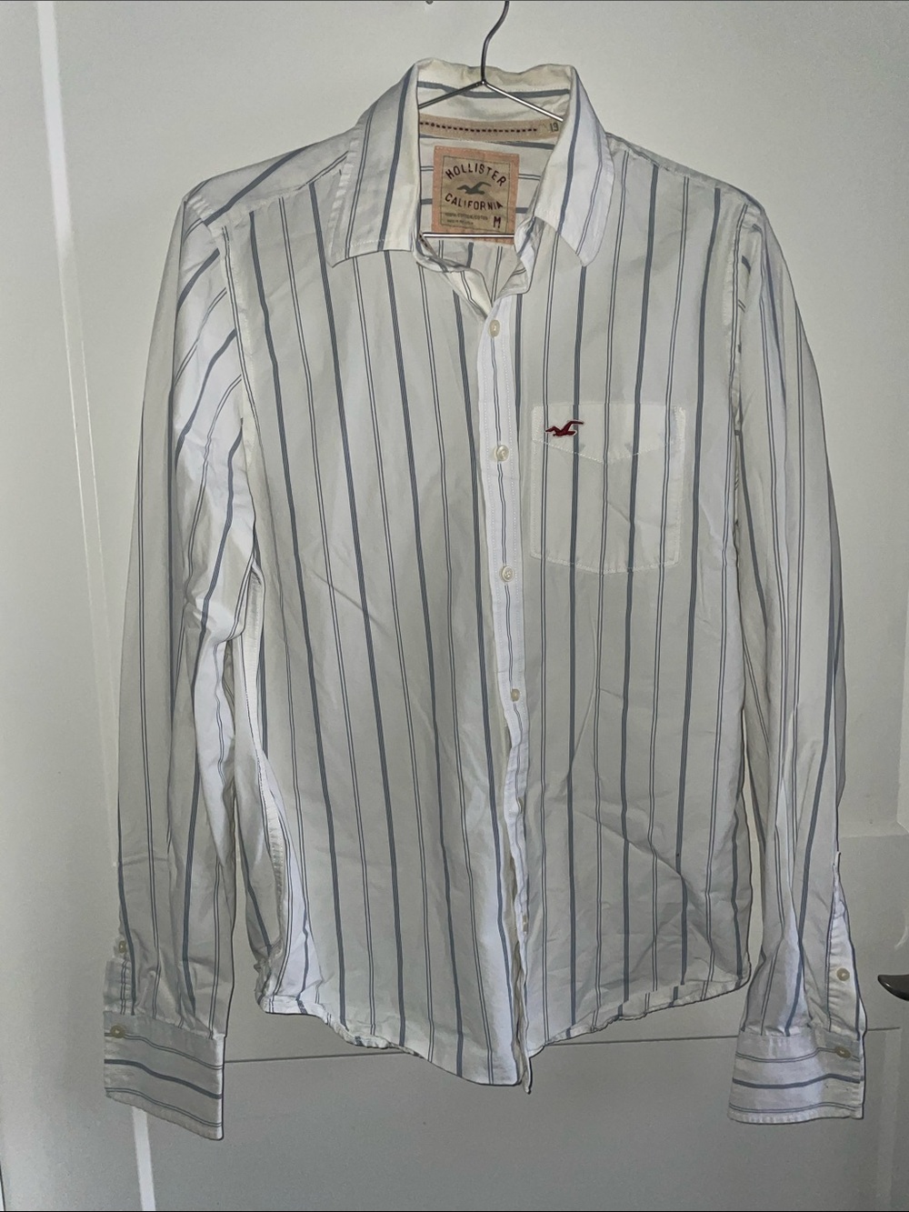 Hollister White Shirt with Navy Stripe and Red Logo